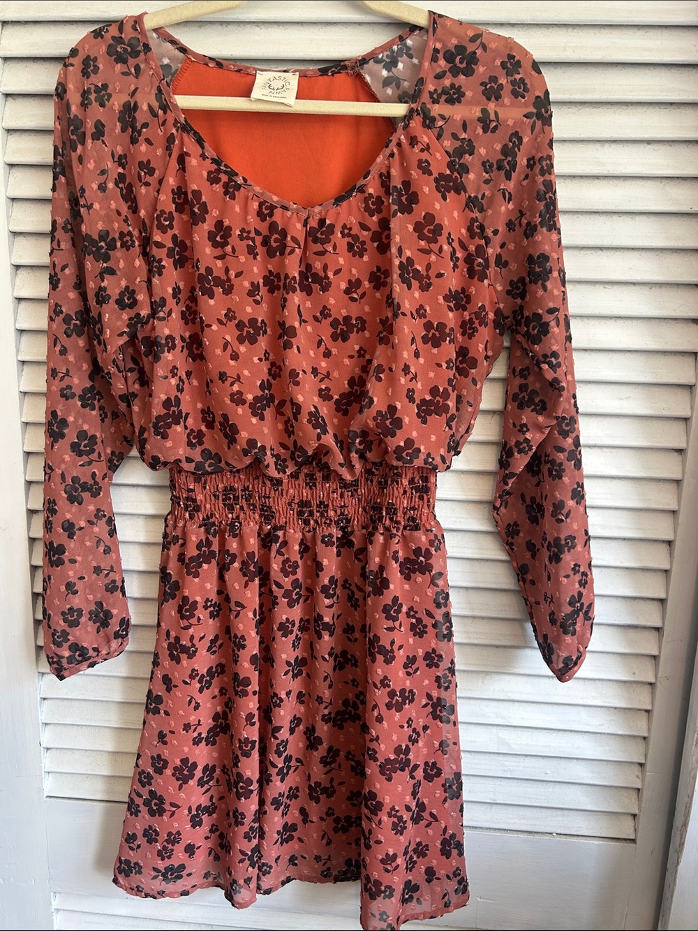 Fantastic Fawn Rust Orange Floral Long Sleeve Smocked-Waist Dress